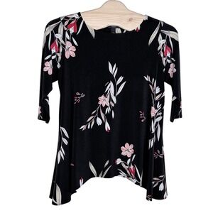 Alfani Woman Tunic Top 1X Black Floral Sharkbite Hem 3/4 Sleeve Boho